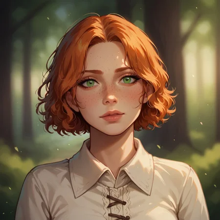 (((detailed, beautiful, high quality))), score_9, score_8_up, score_7_up, upper body,
(depth of field, dynamic lighting),
human,
1 girl, european appearance, green eyes, short hair, disheveled hair, freckles, ginger hair, white office shirt, medieval shirt,
looking at the viewer, posing, 
blurred background, fantasy background, dark background, forest,