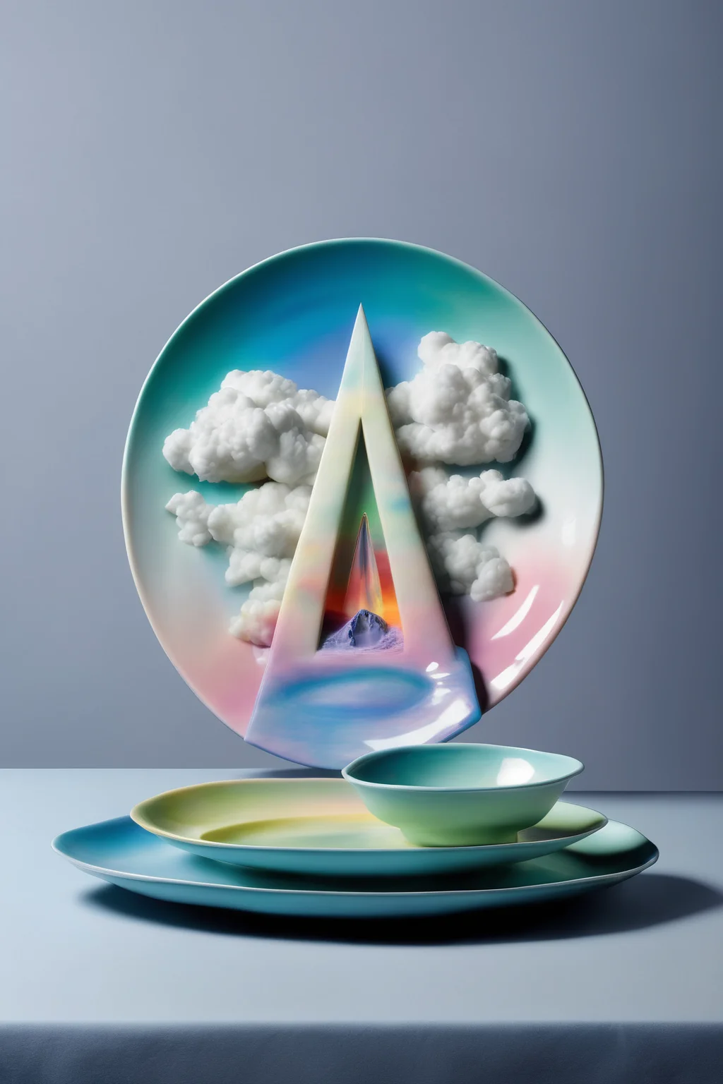 <lora:Surreal Plate:1>Surreal Plate - a plate with an opal obelisk and a cloudy rainbow