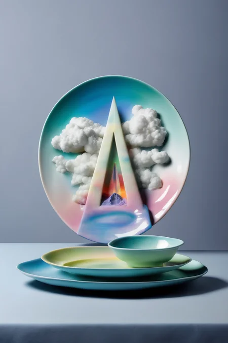 <lora:Surreal Plate:1>Surreal Plate - a plate with an opal obelisk and a cloudy rainbow
