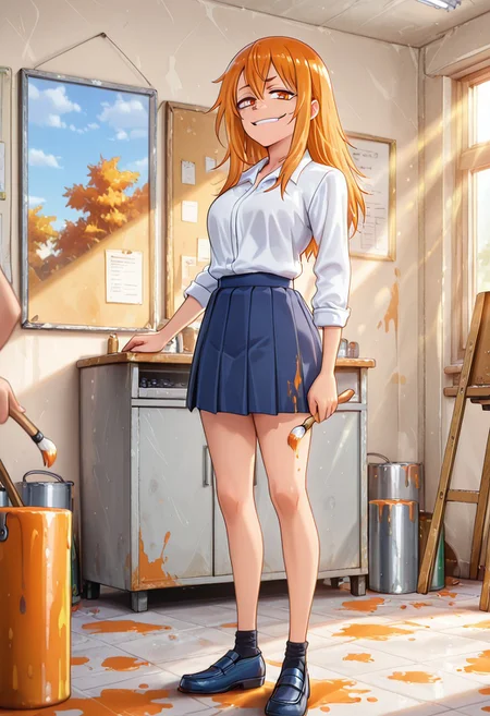1girl, solo, masterpiece, best quality, newest, absurdres, CG, anime, source anime, illustration, very aesthetic, high resolution, ultra-detailed, newest, scenery, medium depth of field, rule of thirds, masterpiece-level, clean lines, Nagatoro_Hayase
BREAK 1girl, ((solo)), (solo focus:1.25), Gamou_Maki, orange_eyes, orange_hair, long_hair, hair_between_eyes, medium_breasts
school_uniform, white_shirt, collared_shirt, pleated_skirt, blue_skirt, sleeves_rolled_up
standing, paints on the wall, smug, smug grin, evil smile, teasing, holding a paintbrush in her hand, paint dripping from the brush, paint spots on the floor, a can of paint spilled on the ground next to her, looking at viewer, full body
indoors, art studio, canvases on stands, paint cans, brushes, day, alternate poses, sunny day, sunlight, from both sides
cinematic angle, various angles, detailed background, beautiful background, (rays light:1.0),(grow:1.0) mystical, luminism, vibrant colors