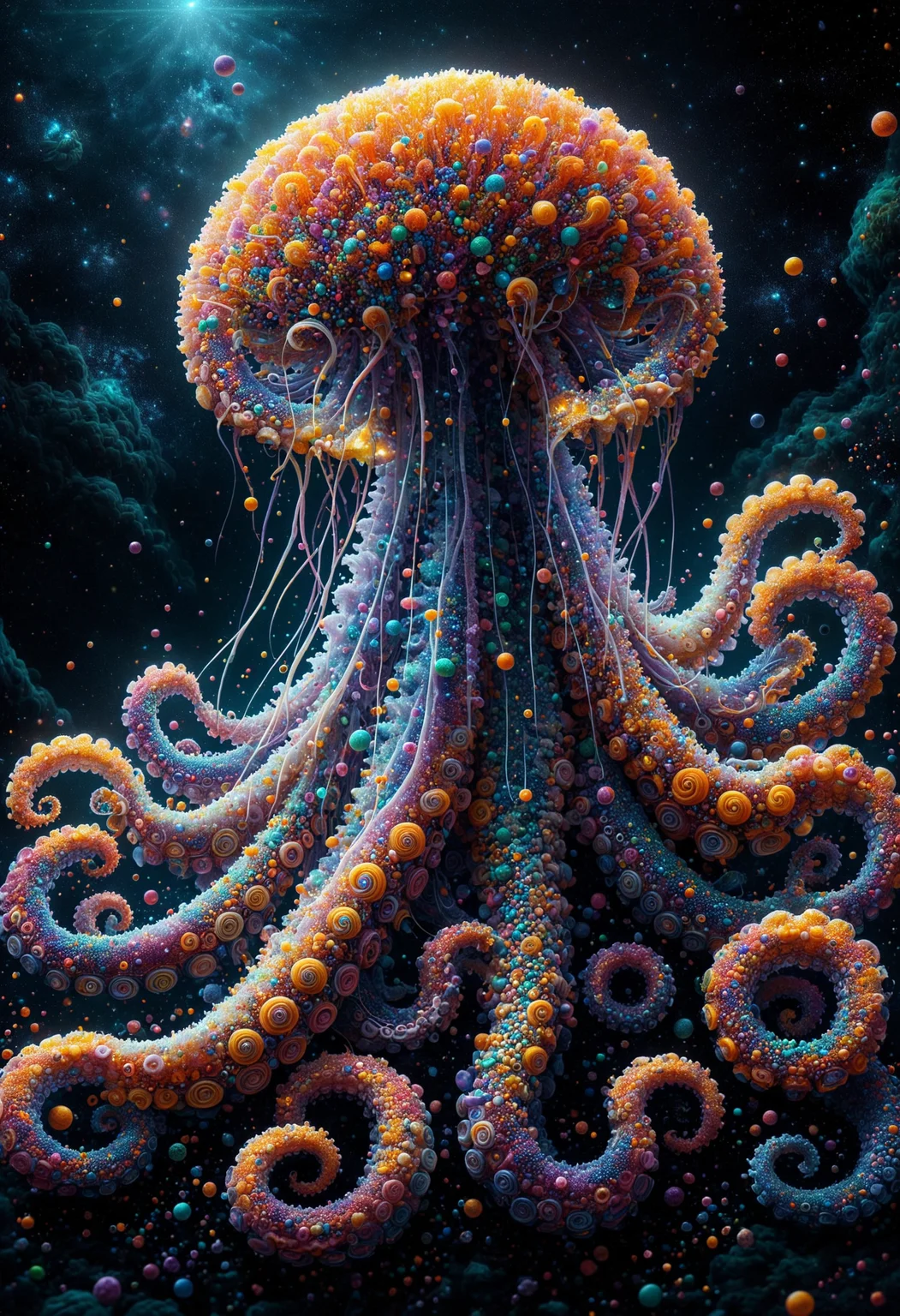 A mysterious cosmic entity, resembling a celestial jellyfish, floats gracefully through space. The creature's translucent tentacles stretch out like ethereal appendages, adding an otherworldly allure to the scene. This striking image, possibly a painting, uses subdued hues to enhance the interstellar ambiance. The intricate details and expert blend of colors in this captivating artwork elevate it to a truly mesmerizing and high-quality piece of visual art, made out of sprinkles, <lora:PinkieSprnklsSDXL-v1:1>, p1nkspr1nkles, colorful,
