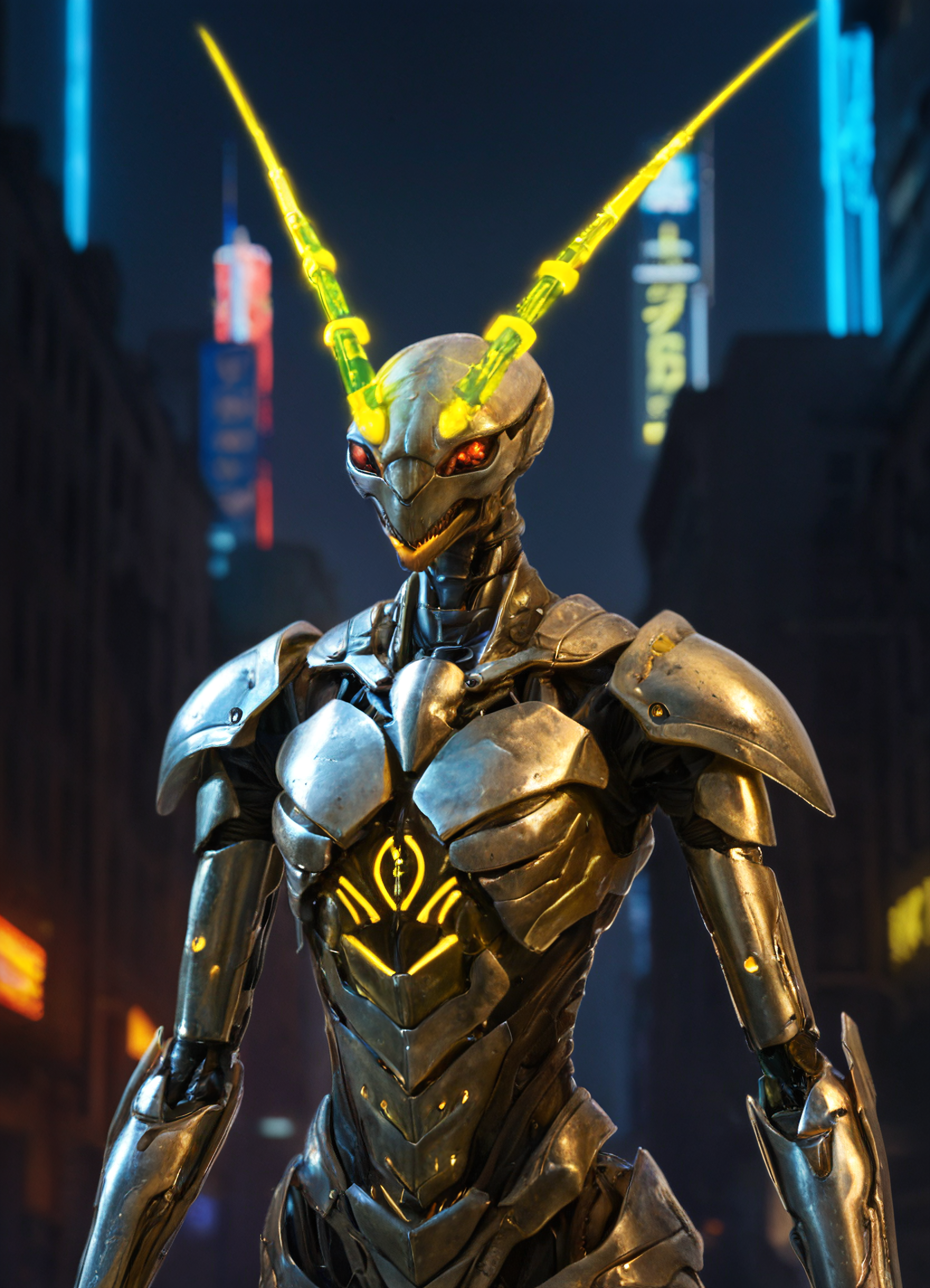praying mantis, bipedal insectoid paladin, armored exoskeleton in brushed silver and gold, forearms like ceremonial blades folded over chest, broad posture exuding sacred authority, chitin inscribed with ancient circuitry, glowing crest between antennae, neon halo behind head, close-up cinematic portrait, background of crumbling city altar, radiant divine cyberpunk light <lora:mantis_lora_f16:0.7000000000000002>