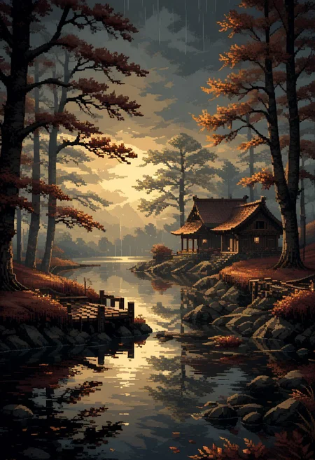 score_9, score_8_up, score_7_up, pixel art,
Japanese scenery, autumn, rain, wind, lake, reflections, gates,
god rays,
in the style of a vintage, high-contrast setting, dark and mysterious atmosphere, Resplendent spotlighting, Emphasize theatrical elements with bursts of bright colors against dark, moody backgrounds,
hyper-detailed, scifi, dramatic light,
yamer_pixel_fusion,
d3p1x3l, pixel art,