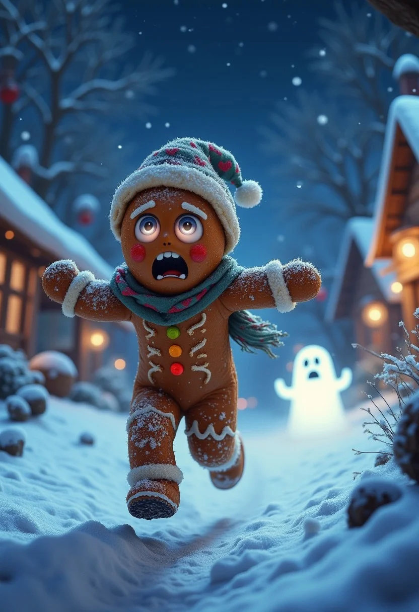 bo-christmas, christmas mood, a highly detailed, A whimsical Christmas scene featuring a gingerbread man running through the snowy night, looking frightened as a ghostly figure looms behind him. The gingerbread man, with its frosty decorations and colorful candy details, dashes through a wintery landscape under the starry sky. Snowflakes gently fall around him, and the eerie glow of Christmas lights flickers in the distance, casting a soft, festive glow over the scene. The ghost, translucent and glowing, adds a spooky touch to this playful holiday adventure.