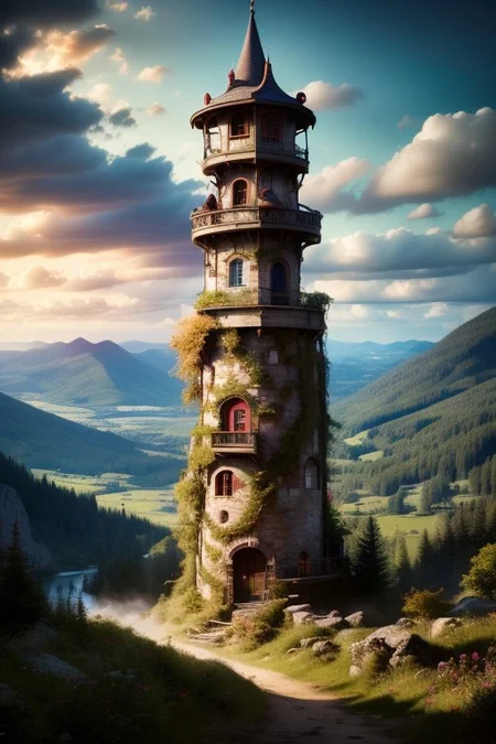 realistic analog photo, award winning photo, vary wide shot of magic stone witow tower:1.3, (Military watchtower), scenery,  fantasy, hills, dirt road, nature, outdoors, RAW, highres, 8k, uhd, High Dynamic Range, tonemapping, crisp details,