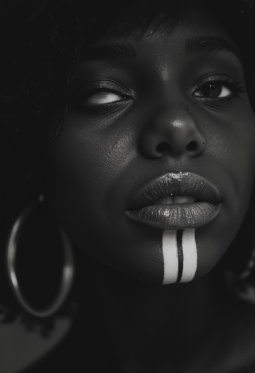 A monochrome black and White Vintage Closeup Portrait with some Low Key color spots of a black skinned woman with bold White tribal chin tattoo