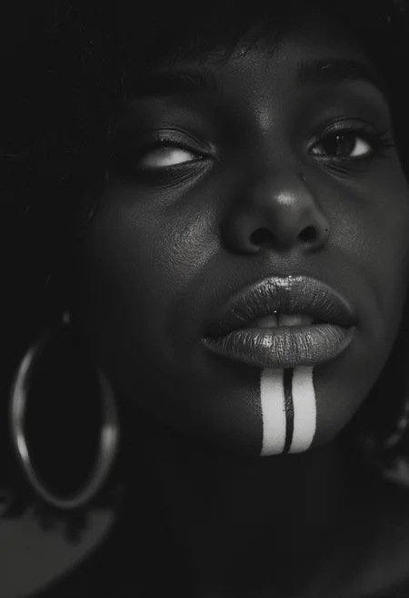 A monochrome black and White Vintage Closeup Portrait with some Low Key color spots of a black skinned woman with bold White tribal chin tattoo