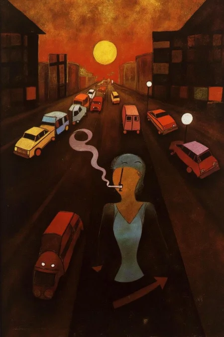 paulklee1 painting of a woman smoking at a busy street corner at sunset.
<lora:paulklee1_cap_d8a4e12:1.0><lora:839870388180746205:0>