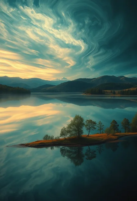 A lake reflecting a deep, swirling sky, where human forms appear softly blended into the landscape, their presence subtle yet emotional.vibrant structured landscapes infused with surreal dreamlike figures, soft painterly textures blending geometric nature forms with psychological depth, luminous atmospheric lighting with introspective poetic emotions, rhythmic movement in trees and rolling hills merging with fluid ethereal figures