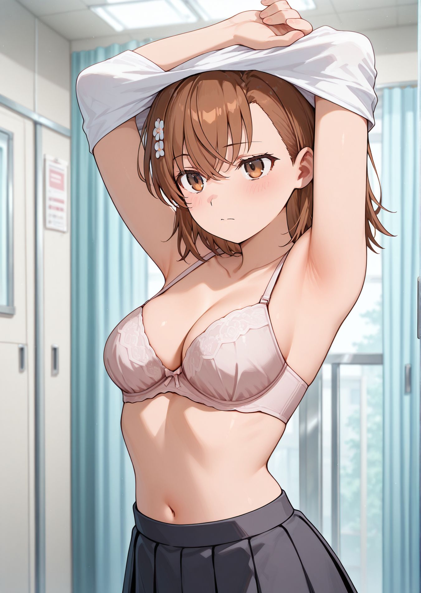 masterpiece, best quality, newest, absurdres, highres, detailed eyes, beautiful, detailed background, 
perfect eyes, anime coloring, anime screencap,
5fingers,
<lora:undressing__bra:1>undressing_bra_V1,
1girl, breasts,  
underwear, bra, 
solo, armpits, 
bra, cleavage, 
  arms up, 
standing, 
afternoon,
BREAK
School Infirmary, 
misaka mikoto,    
miniskirt,  
school uniform,