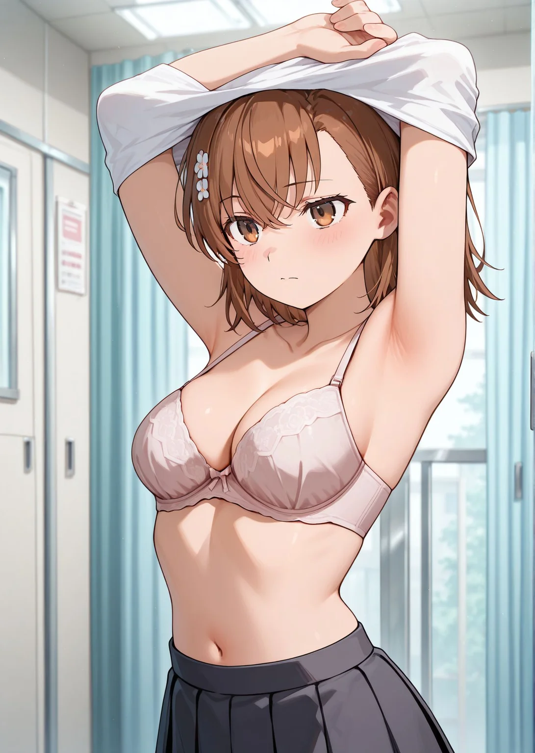masterpiece, best quality, newest, absurdres, highres, detailed eyes, beautiful, detailed background,
perfect eyes, anime coloring, anime screencap,
5fingers,
<lora:undressing__bra:1>undressing_bra_V1,
1girl, breasts,
underwear, bra,
solo, armpits,
bra, cleavage,
arms up,
standing,
afternoon,
BREAK
School Infirmary,
misaka mikoto,
miniskirt,
school uniform,