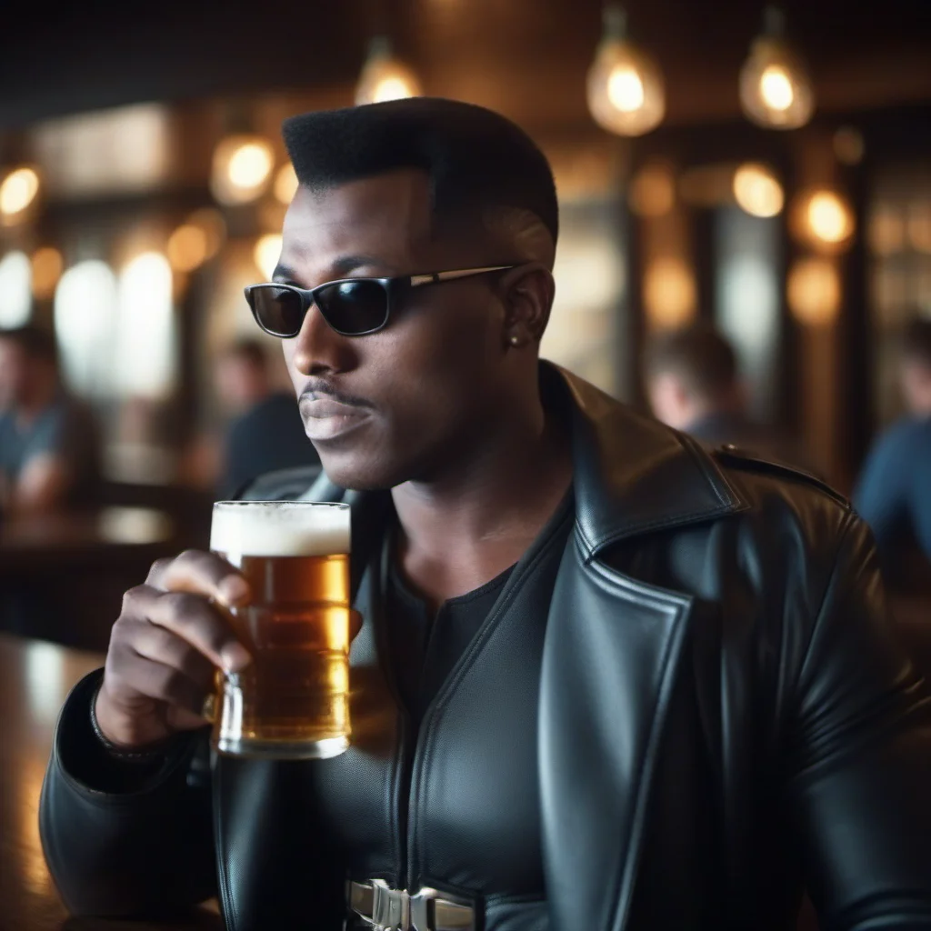 cinematic photo a closeup portrait of a man with sunglasses have a beer in a pub <lora:Blade1024:0.8> . 35mm photograph, film, bokeh, professional, 4k, highly detailed