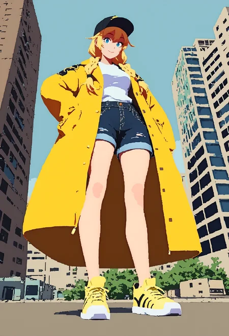 score_9, score_8_up, score_7_up, 1girl, yellow hair, low braided twintails, black cap, standing, yellow sneakers, black denim short, yellow jacket, white shirt, stylish, yellow trails, buildings in background, sneakers focus, looking at viewer, smiling, from below, blue eyes,<lora:dcr34sed-c0l0ring-20:0.8>, dcr34sed_c0l0ring