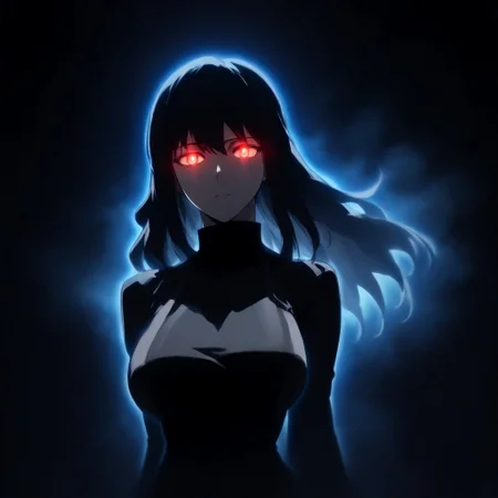 score_9, score_8_up, score_7_up, source_anime, expressive, anime, C0NTR4CT0R, speedlines, dynamic, 1girl, face_hidden, shadows, contrast, (long Hair:1.3), revealing clothing, body silhouette, shadows, large breasts, red_pupils, glowing, glowing eyes, BL4CK3STBL4CK, black_theme, matte_color, flat_color