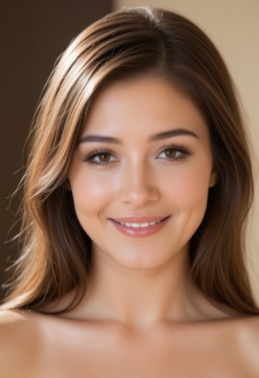 (masterpiece:1.3), (best quality:1.3), (ultra-detailed:1.3), 8K, high resolution, volumetric lighting, hyperrealistic, skin texture, BREAK 1girl, portrait, lips, brown hair, brown eyes, long hair, eyelashes, swept bangs, looking at viewer, solo, realistic, photorealistic, smile, nose, closed mouth,