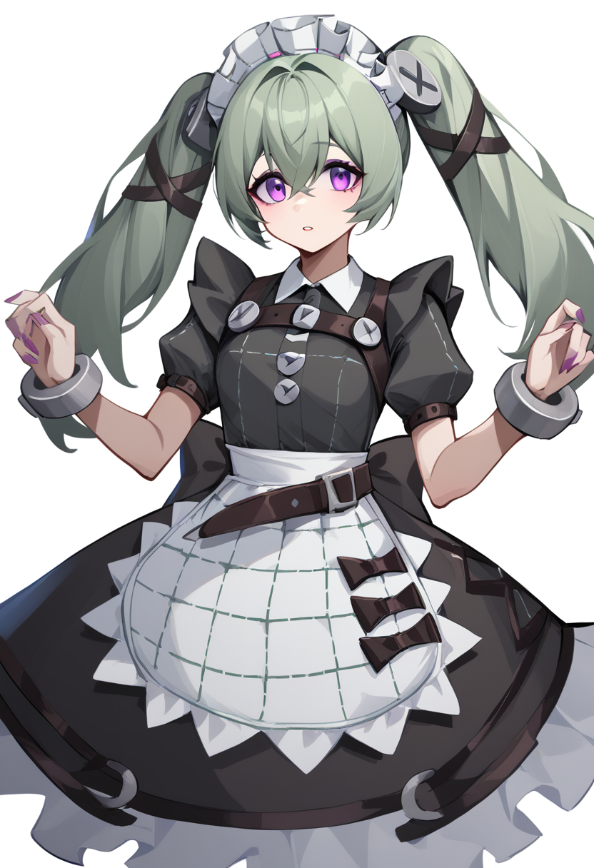 score_9,score_8_up,score_7_up,<lora:zzz_all_pony_v1:1>,black_wristband, white_background, chain, commentary, maid_headdress, cowboy_shot, puffy_short_sleeves, maid_apron, corin_wickes, solo, black_dress, highres, parted_lips, 1girl, hands_up, absurdres, high_belt