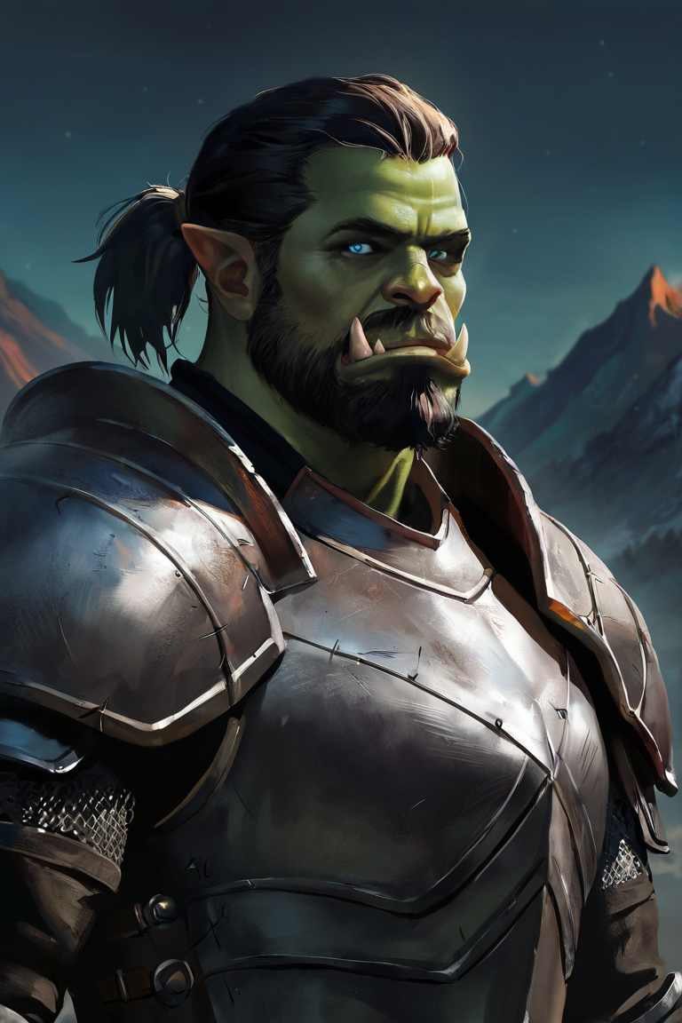 masterpiece, best quality, highres, newest, concept art, realistic, 1boy, solo, male focus, mature male, orc, colored skin, green skin, tusks, blue eyes, medium hair, black hair, hair slicked back, ponytail, facial hair, beard, mustache, looking at viewer, full armor, shoulder armor, breastplate, pauldrons, upper body, closed mouth, standing, outdoors, mountain, night, night sky, dark background <lora:Concept Art Ultimatum [LoRA] - NoobAI-XL EPS 1.0:1>