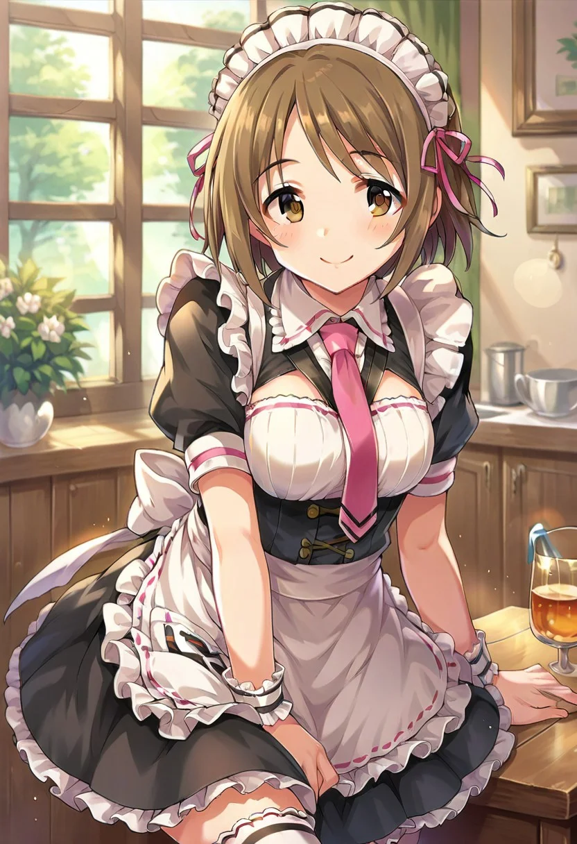 score_9, score_8_up, score_7_up, source_anime,mimura kanako, short hair, brown hair, brown eyes, 1girl, solo, maid, thighhighs, maid headdress, necktie, blush, apron, smile