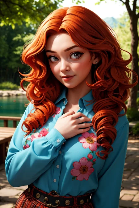 1girl, big hair, curly hair, long hair, long sleeves, looking at viewer, orange hair, red hair, ringlets, shirt, solo, wavy hair, lake, nature, dappled sunlight, flower, tree, hand on own chest, 
masterpiece, best quality, intricate details, <lora:backlight_slider_v10:-0.5> <lora:contrast_slider_v10:3>      <lora:weight_slider_v2:0.7>