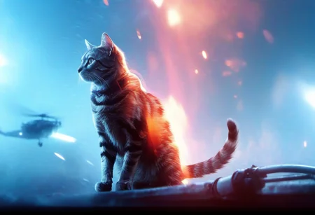 cinematic film still, A cat, bfv, <lora:BFXL-000020:1> . city, vignette, highly detailed, high budget, cinemascope, moody, epic, gorgeous, film grain, grainy, fire, explosion