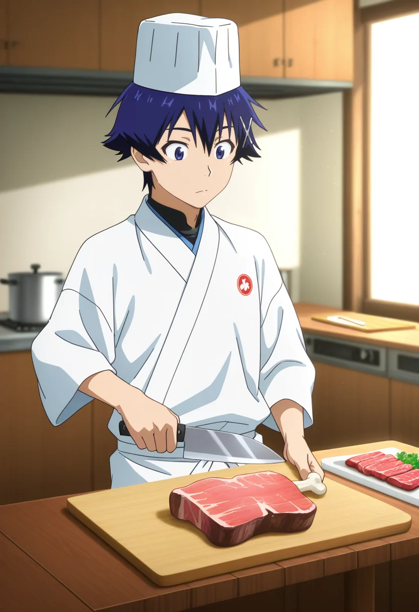 masterpiece, best quality, amazing quality, very aesthetic, high resolution, ultra-detailed, absurdres, newest, scenery, volumetric lighting, depth of field, anime coloring , , , 1boy, solo, male focus, <lora:Raku_Ichijou:0.83>, raku ichijou, blue hair, blue eyes,
short hair, hairclip, undershirt, traditional Japanese, japanese clothes, chef coat, chef hat, holding knife, cooking, meat cutting, beef, fresh vegetables, cutting board, apron, natural light, wooden table, kitchen