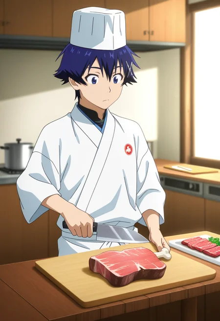 masterpiece, best quality, amazing quality, very aesthetic, high resolution, ultra-detailed, absurdres, newest, scenery, volumetric lighting, depth of field, anime coloring , , , 1boy, solo, male focus, <lora:Raku_Ichijou:0.83>, raku ichijou, blue hair, blue eyes,
short hair, hairclip, undershirt, traditional Japanese, japanese clothes, chef coat, chef hat, holding knife, cooking, meat cutting, beef, fresh vegetables, cutting board, apron, natural light, wooden table, kitchen