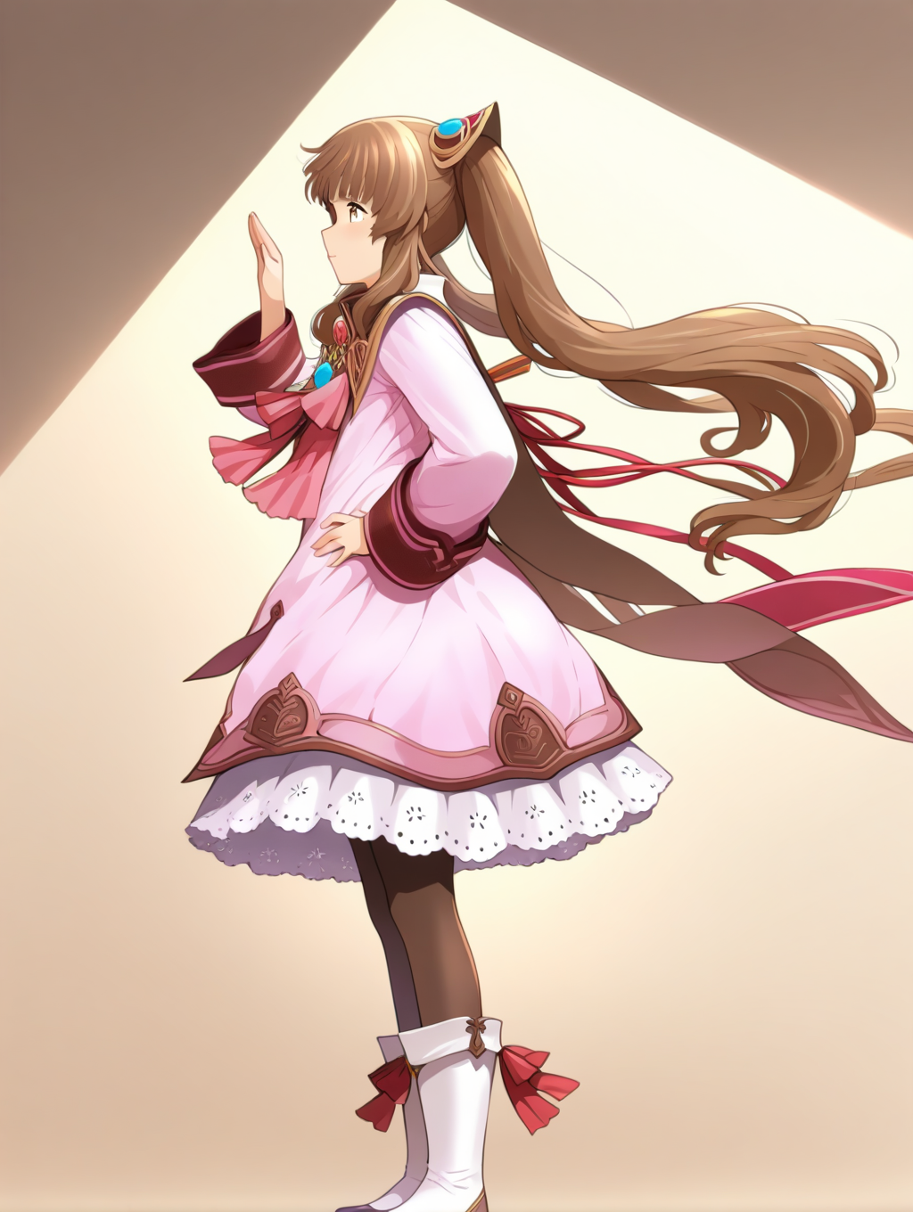 perfect quality,best quality,absolutely eye-catching,ambient occlusion,raytracing BREAK
1girl,<lora:rimuru rinnka IL v1.1:1>,rinnka,brown hair,twintails,hair ornament,pink dress,long sleeves,ribbon,lace trim,pantyhose,boots,front view,, from side, looking away,portrait,standing,shading_eyes,hands_on_hips,legs_together,