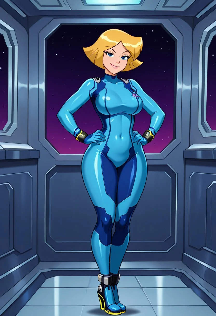 masterpiece, best quality, good quality, 1girl, solo, cartoon, parody, official style, cl0ver_totally_spies, short hair, blonde hair, blue eyes, , sexy, large breasts, big butt, bubble butt, wide hips, thick thighs, bottom heavy, beautiful, detailed, high detailed, very beautiful, detailed face, detailed eyes, detailed hand, abstract background,seductive smile, posing, pose, hands on hips, looking at viewer, legs together, <lora:samus-aran-cosplay-ponyxl-lora-nochekaiser:1>, samusarancosplay, samus aran \(cosplay\), blue bodysuit, bodysuit, covered navel, skin tight, zero suit, wristbands, full body, indoors, outer space, space station, high heel combat boots, side view
