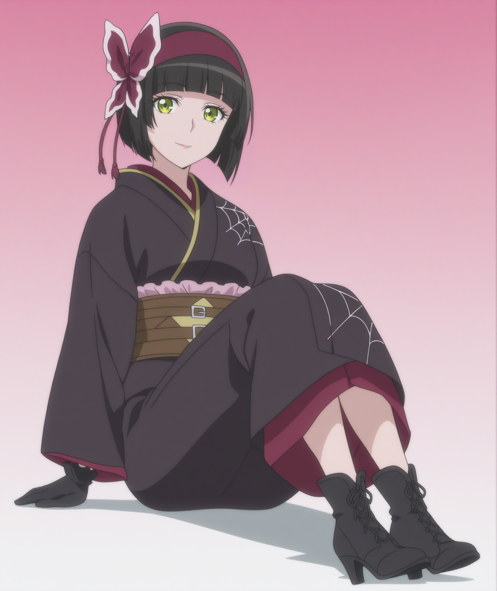 official art, absurdres, highres, anime coloring, hi res, best quality, masterpiece, 2d, intricate details, 4k,
1girl, solo, female, eyelashes, nose, short hair, bangs, green eyes, yellow eyes, black hair, blunt bangs, bob cut,
hairband, red hairband, pink hairband, bow, ribbon, hair ribbon, hair bow, red bow,
gloves, black gloves, japanese clothes, kimono, sash, obi, black kimono, spider web print,
boots, black footwear, high heels, high heel boots, ankle boots,
full body, looking at viewer, sitting,
depth of field, white background, <lora:Mio_(Character)_ILXL:1>, mio \(tsuki ga michibiku isekai douchuu\), tsuki ga michibiku isekai douchuu,