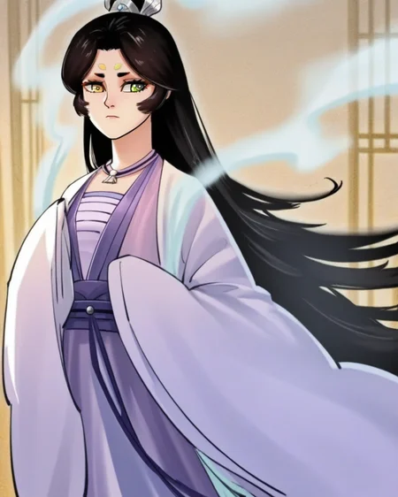 masterpiece,best quality,
<lora:haihuayao:1>,haihuayao,1girl,long hair,solo,black hair,yellow eye,green eye,heterochromia,very long hair,smoke,wide sleeves,portrait,hanfu