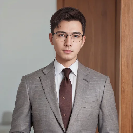 Realistic, (masterpiece, best_quality:1.1), a man wearing glasses standing in front of a glass door with a cross on it, zegna, Drop+7, Double vents, Notch lapels, Flap pockets, 2-button closure, Fully lined, Deconstructed, 100%+Wool, Grey, suits, young, wearing a undercloth and tie, oxford knot