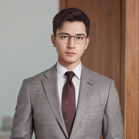 Realistic, (masterpiece, best_quality:1.1), a man wearing glasses standing in front of a glass door with a cross on it, zegna, Drop+7, Double vents, Notch lapels, Flap pockets, 2-button closure, Fully lined, Deconstructed, 100%+Wool, Grey, suits, young, wearing a undercloth and tie, oxford knot