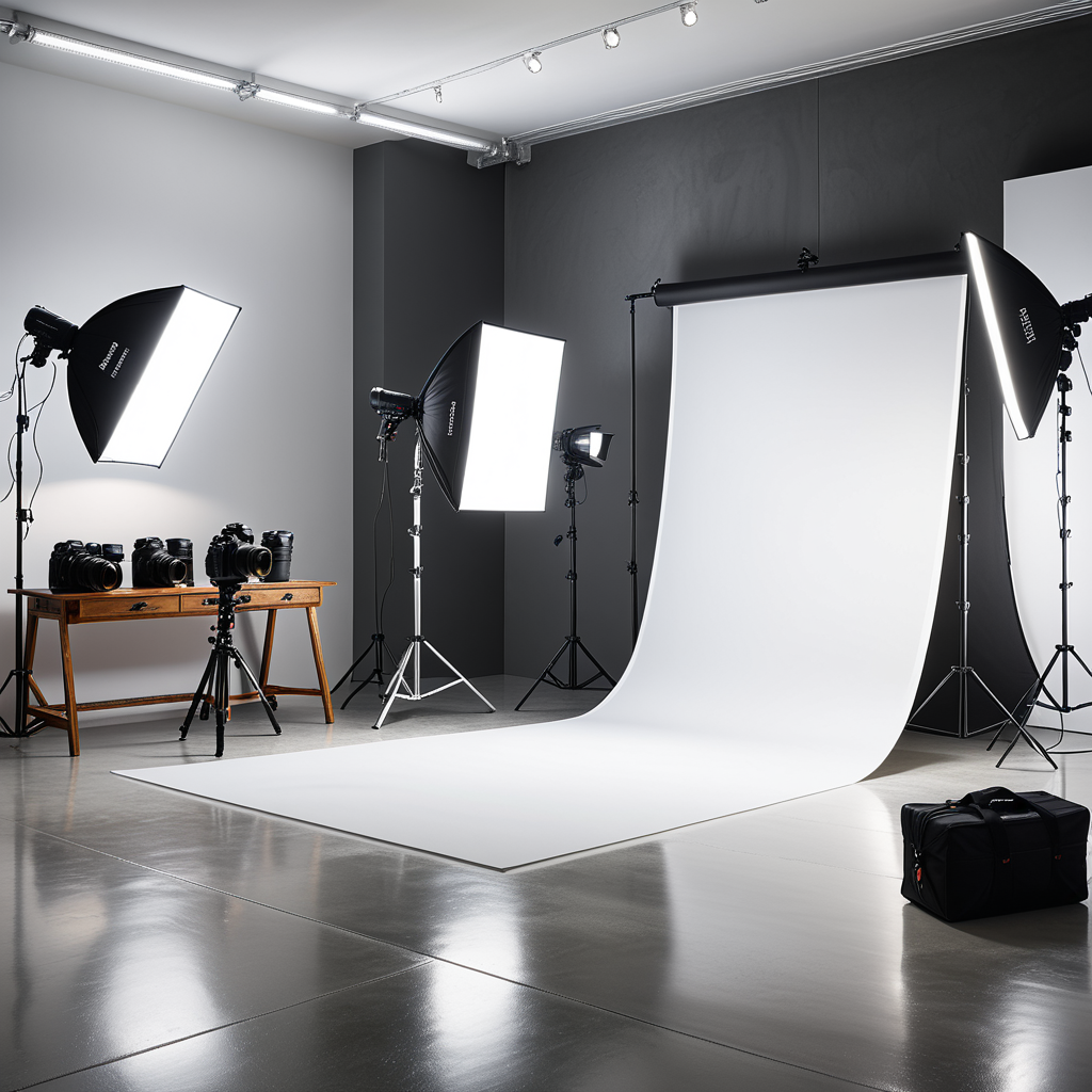 A professional photography studio with a clean, modern design. The room has smooth white walls and a polished concrete floor. A large white backdrop extends across one wall, seamlessly curving into the floor to create an infinity effect. Positioned directly in front of the backdrop is a high-end DSLR camera mounted on a sturdy black tripod, aimed toward the scene for shooting. The camera has a visible lens and adjustment dials, indicating a professional setup. On either side of the backdrop are two large softbox lights mounted on adjustable stands, emitting a soft, even glow. In the background, there are black equipment cases stacked neatly against the wall, adding to the organized workspace. The overhead fluorescent lights illuminate the space evenly, and faint reflections of the setup can be seen on the smooth floor. The overall atmosphere is bright, clean, and professional, emphasizing functionality and creative potential.
<lora:SDXLFaeTastic2400:0.4> <lora:extremely_detailed:0.4> extremely detailed, Masterpiece,best quality,hi res,8k,hi res,8k,award winning,(sharp focus, intricate, highly detailed),