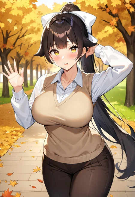 1girl, solo, takao, azur_lane, black_hair, ponytail, very_long_hair, yellow_eyes, large_breasts, long_hair, hair_flaps, yellow_eyes, white_bow, hair_ribbon, large_breasts, ribbon, hair_bow, (mature female:1.2), tall female, curvy, collarbone, beautiful face, highly detailed faces and eyes, shiny skin, shiny, shy, pants, long_pants, brown_pants, blouse, white_blouse, sweater_vest, beige_sweater, brown_shoes, brown_loafers, standing, shy, waving, cowboy_shot, looking_at_viewer, outdoors, park, autumn, autumn_leaves, masterpiece, best quality, very aesthetic, absurdres, score_9, score_8_up, score_7_up, score_6_up,