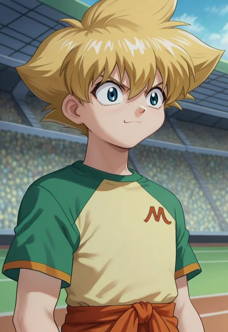 score_9, score_7_up, source_anime
MaMizuha, 1boy, male focus, solo, blue eyes, freckles, blonde hair, spiked hair, t-shirt, raglan sleeves, short sleeves, smile, determined
outdoor, stadium