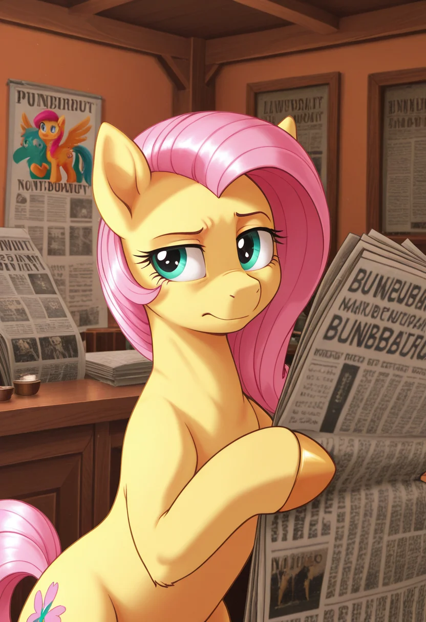 masterpiece, best quality, Graphic Design, color art, vibrant colors, colorful, intricate details, high contrast, detailed background, beautiful detailed, beautiful face, detailed eyes, detailed face, new, tljwan, raised eyebrow, holding, newspaper, 1girl, solo, (pony, feral:1.2), fluttershy, upper body, room, (hooves:1.3),