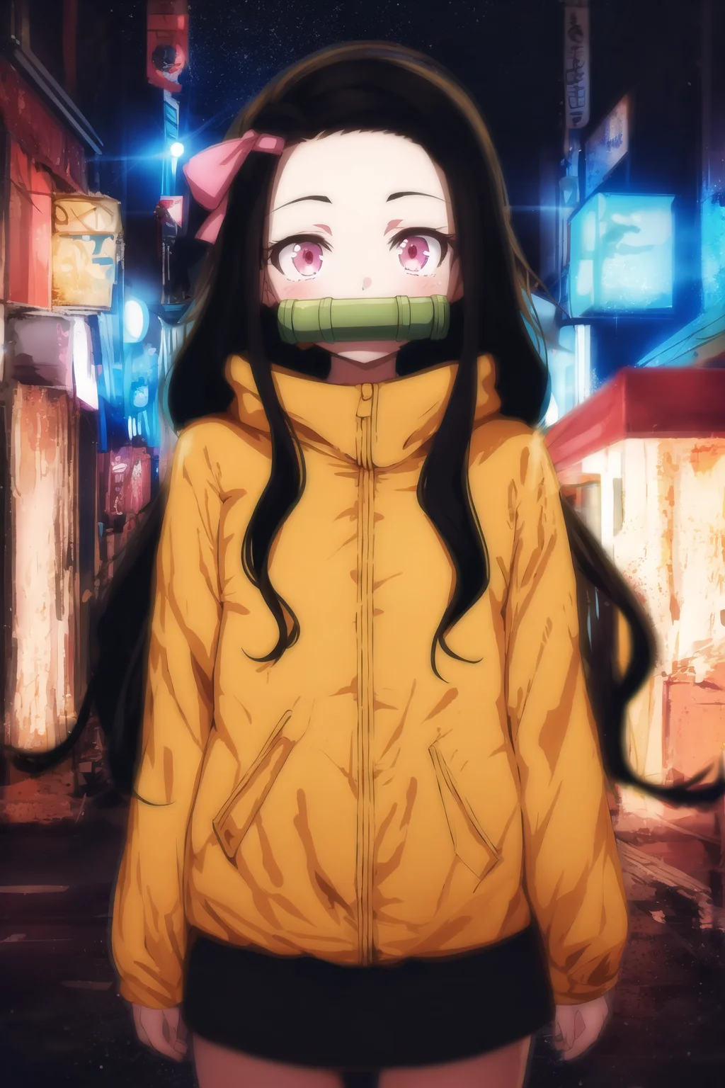 <lora:Nezuv1:0.6>, 1girl, bit gag, black hair, building, city, city lights, cityscape, crosswalk, gag, gagged, hair ribbon, jacket, kamado nezuko, long hair, looking at viewer, mouth hold, multicolored hair, night, pink eyes, pink ribbon, ribbon, skyscraper, solo, space, standing, star \(sky\)
