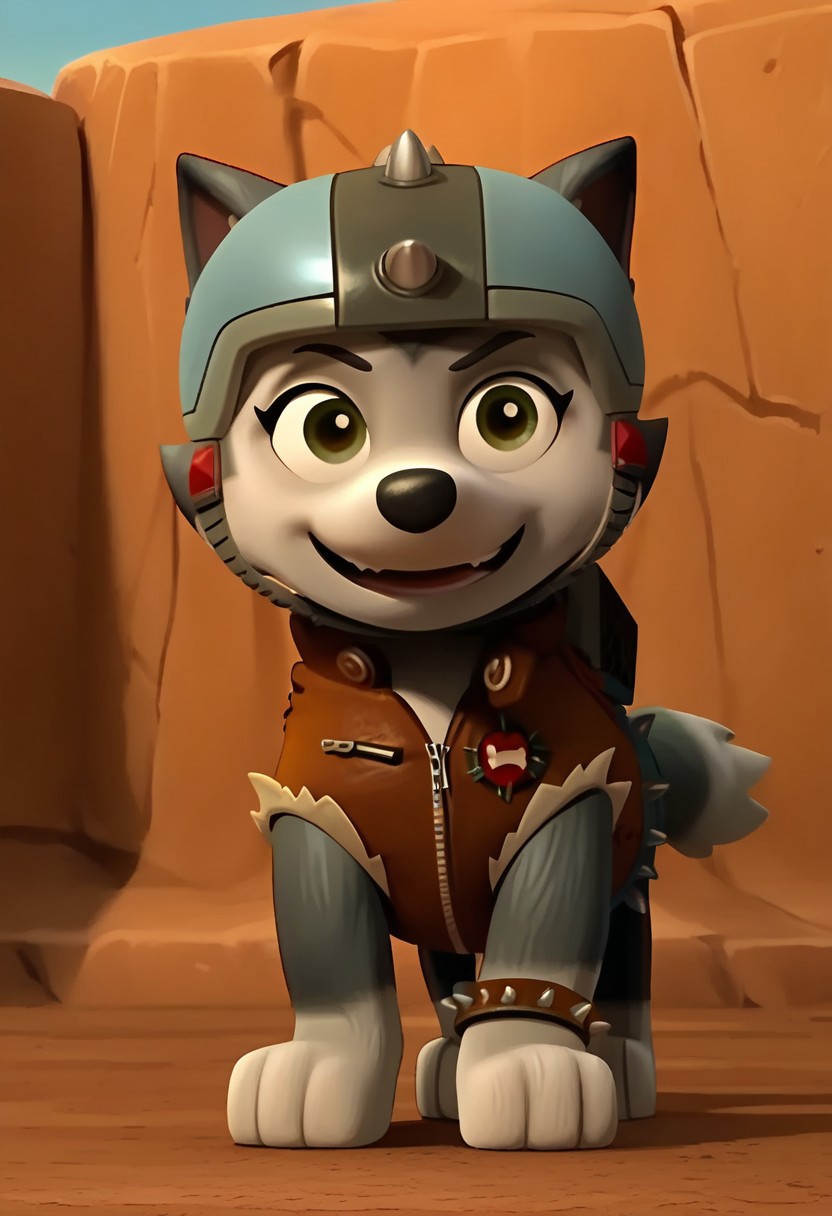 BREAK score_9, score_8_up, score_7_up, source_anime, front view, 1girl, solo, Gasket_PP, feral, dog, alaskan malamute, two tone fur, gray-white, green eyes, fluffy tail, grey-black helmet, spiked helmet, brown jacket, belt, spiked belt, brown bracelet, spiked bracelet, bracelet on left paw, grass, detailed background, day, sun, blue sky, (dynamic pose:1.5), (creativity:1.5), smile, cute,