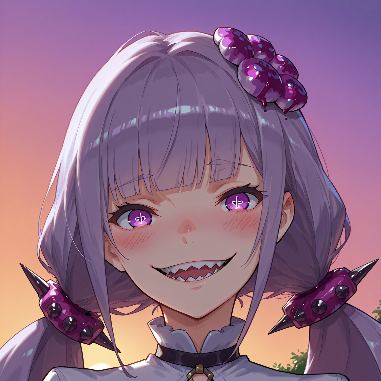 1girl, solo, (blush, sexy, looking at viewer, evil smile), looking at viewer, portrait, Dorothy Dragalia, purple eyes, purple hair, white hair, fanged mouth, sharp teeth, absurdly long hair, buns on hair, spiked scrunchie, fportrait, face focus,
BREAK, Masatsugu Saito, Garden, sunset, orange sky, purple sky,