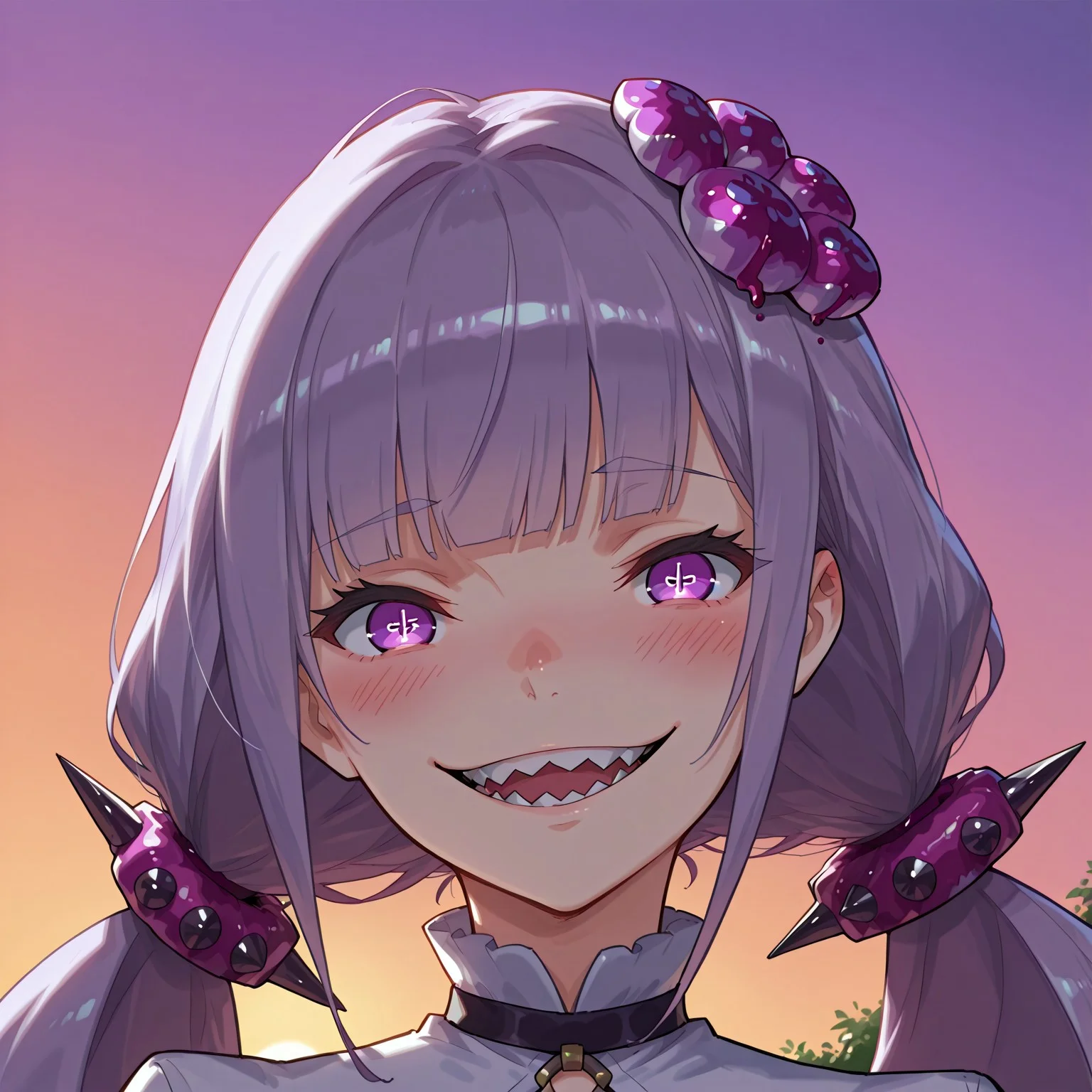 1girl, solo, (blush, sexy, looking at viewer, evil smile), looking at viewer, portrait, Dorothy Dragalia, purple eyes, purple hair, white hair, fanged mouth, sharp teeth, absurdly long hair, buns on hair, spiked scrunchie, fportrait, face focus,
BREAK, Masatsugu Saito, Garden, sunset, orange sky, purple sky,
