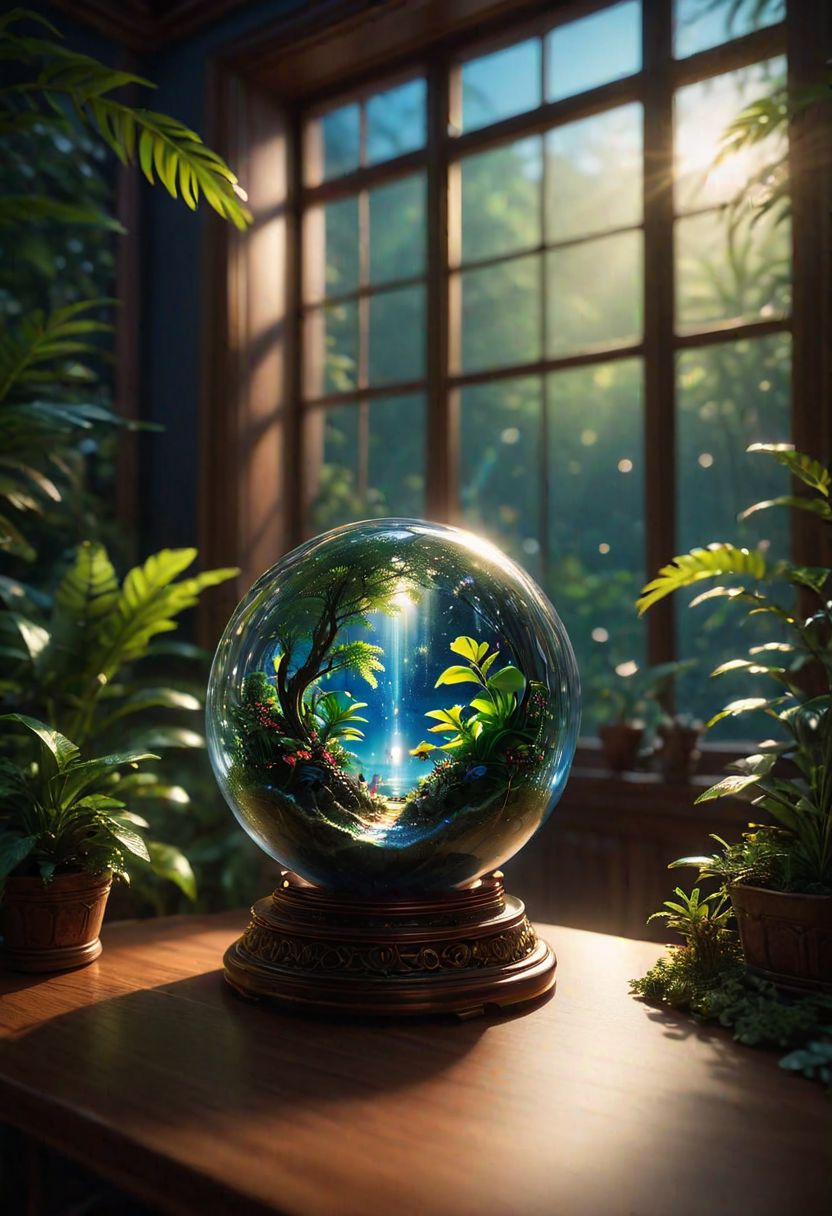 In the night room there is a glass sphere on the table, emitting a soft heavenly glow. Inside, the miniature galaxy is seething with cosmic energy and the galaxy within. Outside, the window of the room offers a tropical panorama. 8k, vray, IMax, hyperrealism, perfect light, bokeh Carl Zeiss 85mm, small depth of field, photorealistic, masterpiece, high resolution, best quality, cinematic shot, ultra-detailed, super realistic, Hyperrealistic art, high-quality, ultra high res, highest detailed, lot of details, Extremely high-resolution details, photographic, realism pushed to extreme, incredibly lifelike,