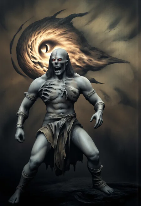 aidmaMJ6.1, Made out of paper, a PaperStyle , d4artstyle, d4concept, , d00mstyle, made of clay, ZBClay model of a gray sculpture
A ghastly, undead figure with a skeletal and emaciated appearance, its bluish-gray skin stretched tightly over bone and sinew. The creature's face is gaunt, with hollow cheeks, sunken eyes that glow with a malevolent red light, and a gaping mouth filled with sharp, decayed teeth. Dark, stringy hair falls from its head, adding to its haunting visage. It wears tattered remnants of cloth, wrapped around its waist and legs, as if from a distant time. Behind the creature, a swirling orb of fire burns fiercely, with a slit pupil resembling an eye within the flames, evoking a sense of dark magic or a sinister connection. The creature's stance is hunched and predatory, exuding an aura of death and malevolent energy.
Background solid color with a faded dimly lit, fog-covered darkness tone that emphasizes its silhouette.
The medium is not a traditional painting or illustrative medium like watercolor or ink but rather a digital rendering, eerie and unsettling.