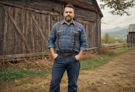 photo of a chubby, beefy swiss farmer standing in front of an old rusty dark swiss barn, wearing plaid lumberjack shirt with buttons open and dirty blue worker pants, hairy chest, dslr, ultra quality, sharp focus, tack sharp, crystal clear, 8K UHD