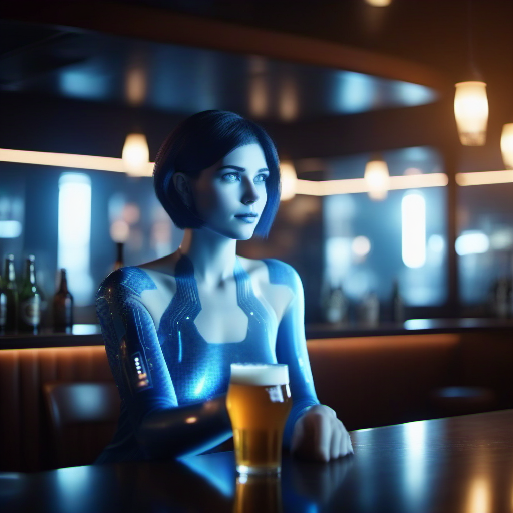 cinematic photo 1girl, short hair, blue skin, science fiction, transparent hologram, having a beer in a pub  <lora:Cortana1024:0.8> . 35mm photograph, film, bokeh, professional, 4k, highly detailed