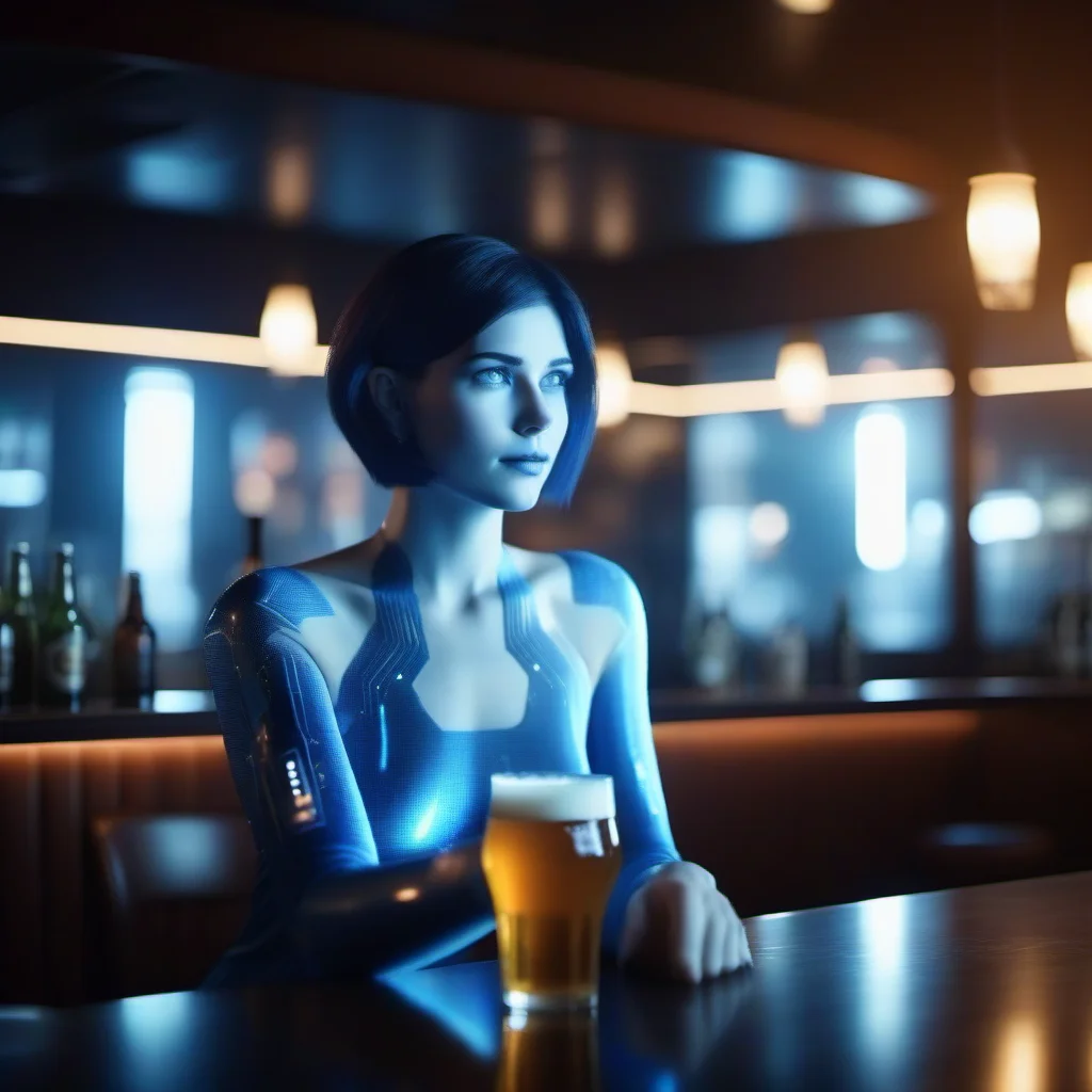 cinematic photo 1girl, short hair, blue skin, science fiction, transparent hologram, having a beer in a pub <lora:Cortana1024:0.8> . 35mm photograph, film, bokeh, professional, 4k, highly detailed