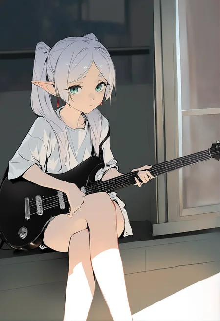 masterpiece,best quality,
1girl,frieren,1girl,elf,green eyes,grey hair,long hair,pointy ears,twintails,
(dino \(dinoartforame\):1.1),(sy4:0.58),(remsrar:0.2578),(cogecha:0.487),(void 0:1.1),(ask \(askzy\):0.648),dingding_(chongsangjun),(artist:alpha:0.2),
electric guitar,white shirt,short sleeves,sitting,indoors,window,crossed legs,looking at viewer,feet out of frame,
photo background,photo scenery,masterpiece,best quality,anime screencap,