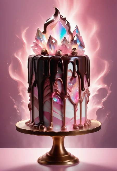 a cake with melted chocolate, pink mist, detailed with light pink aura quartz by jed-auraquartz