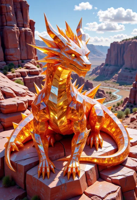 FluxEpicDragon, a crystalline dragon made of cut orange topaz and gold diamond gemstones with subsurface scattering and light transmission, resting on a red desert cliff, monstrous and colossal, jagged and sharp gemstone horns and spikes, bright sunny day