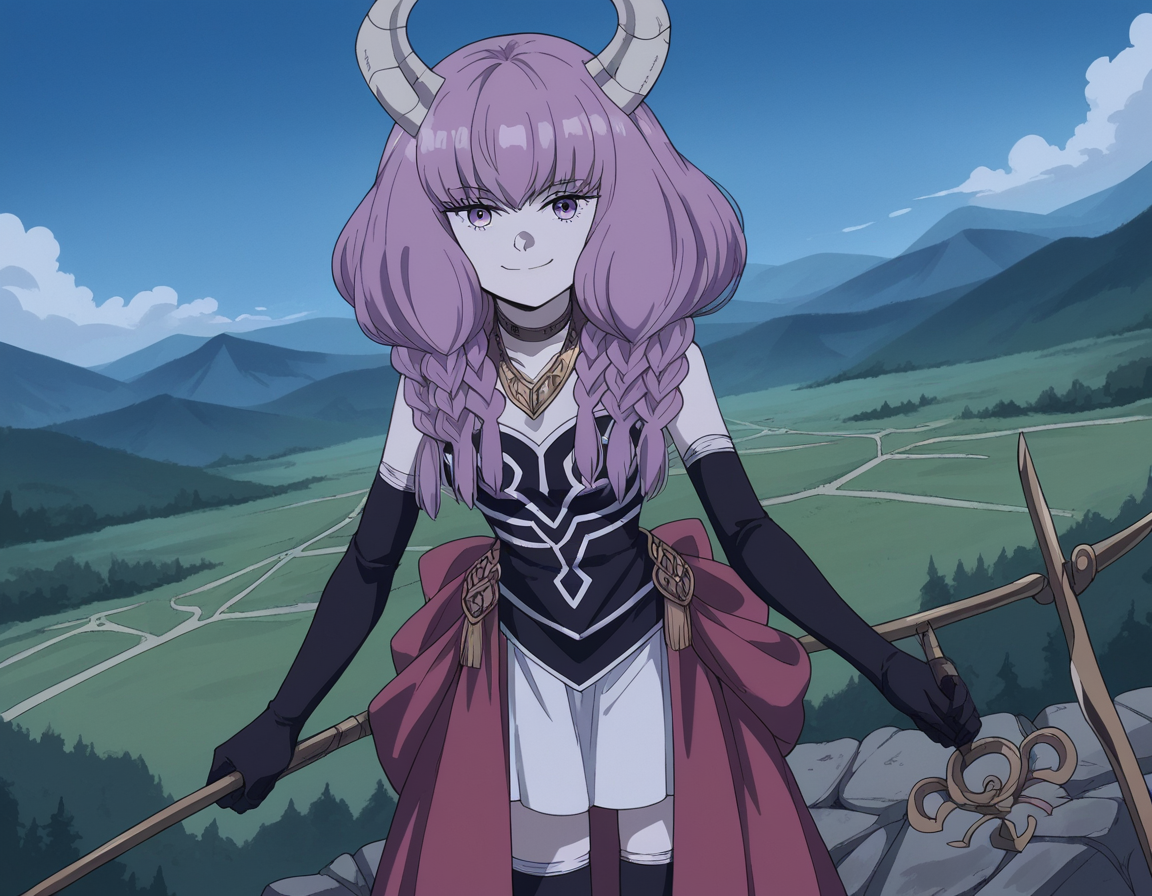 score_9, score_8_up, score_7_up, source_anime,
auratheguillotine, <lora:aura-the-guillotine-s1-ponyxl-lora-nochekaiser:1>,
aura the guillotine, long hair, purple eyes, purple hair, braid, horns, twin braids,
skirt, thighhighs, gloves, choker, black gloves, elbow gloves,
outdoors, landscape, bent over, smile,
cowboy shot, solo, dutch angle, looking at viewer,