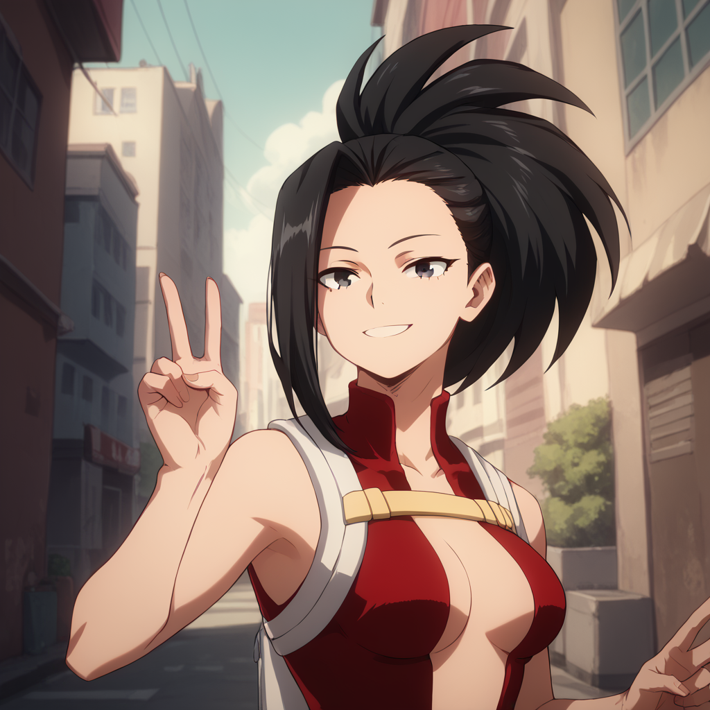 <lora:SlimesYaoyorozu:1>, score_9, score_8_up, score_7_up, slimes_yaoyorozu, woman, solo, smiling, black hair, peace handsign, city background